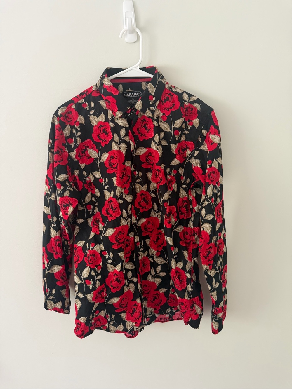 Barabas Black Button-Down Shirt with Red Rose Print